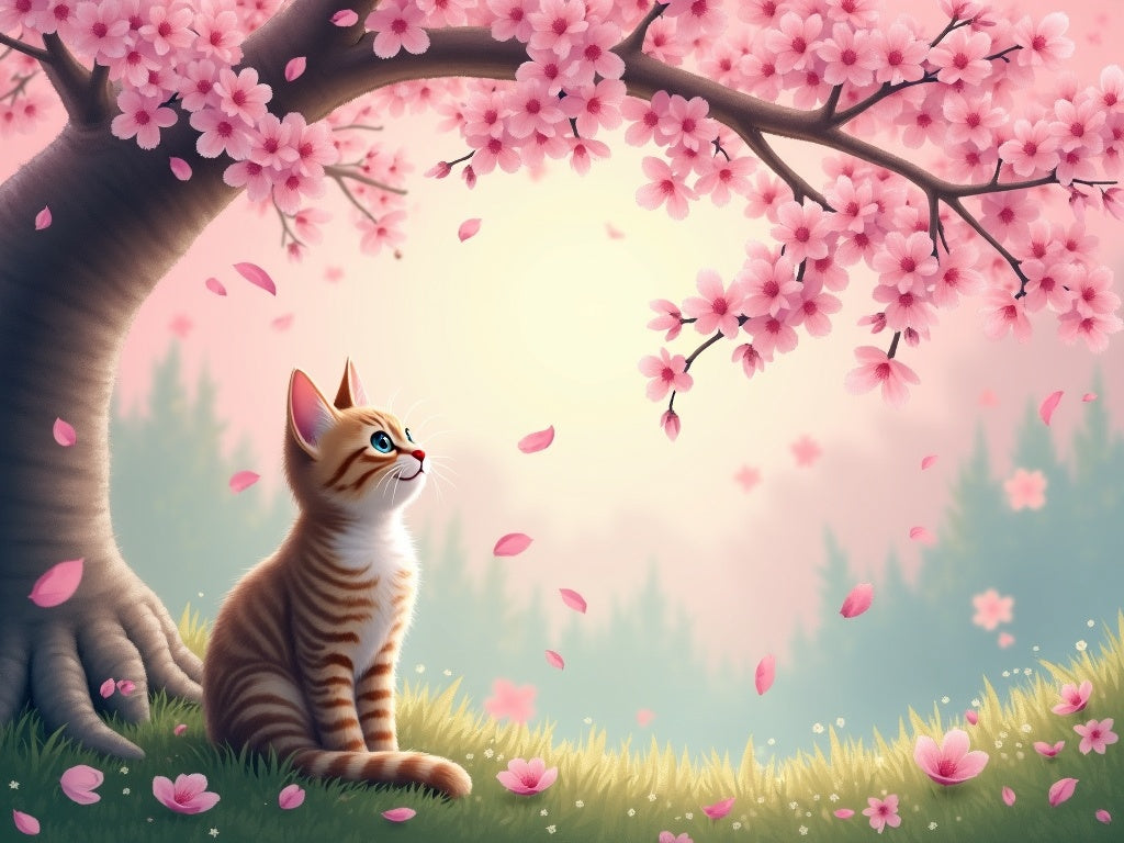 Gatto con Fiori di Ciliegio Diamond Painting