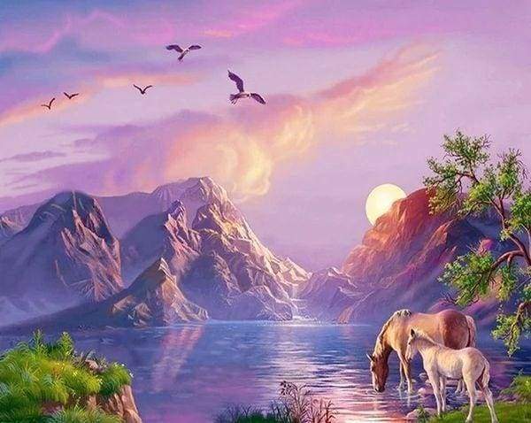 Diamond Painting - Cavalli In Riva Al Lago Diamond Painting