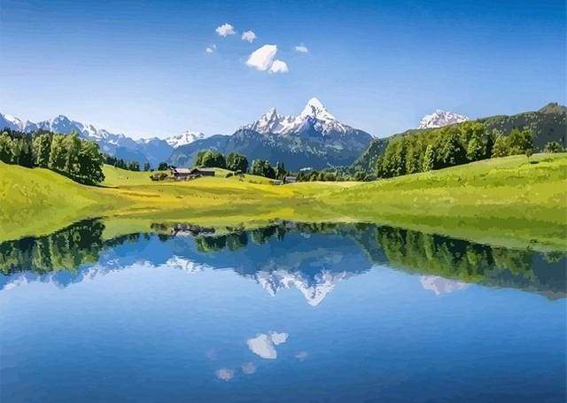 Riflessi Della Montagna Sul Lago Durante L'Estate Diamond Painting