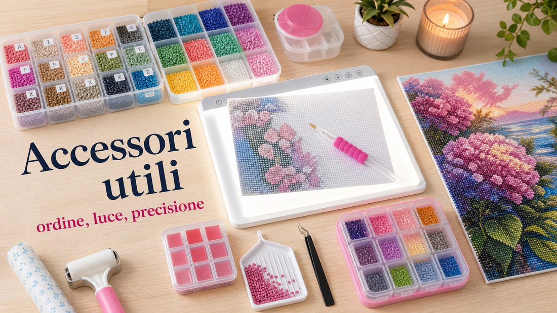 Accessori utili per diamond painting: contenitori, light pad, penna, vassoio e rullo