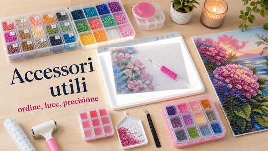 Accessori utili per diamond painting: contenitori, light pad, penna, vassoio e rullo
