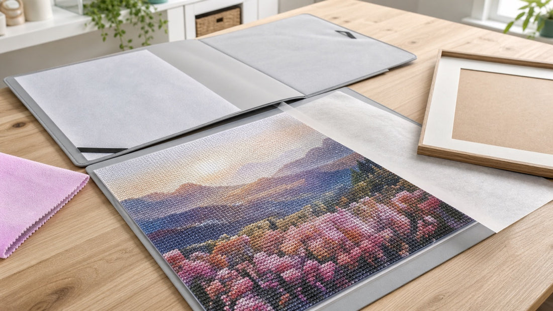 Diamond painting finito conservato piatto con carta protettiva e cornice