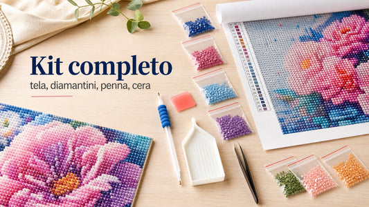 Kit diamond painting completo con tela, diamantini, penna, cera e vassoio