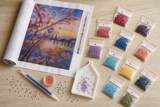 Kit diamond painting completo con tela adesiva, diamantini colorati, penna applicatrice, cera e vassoio su un tavolo di legno