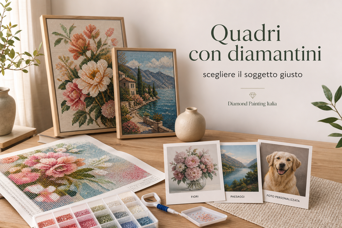 Quadri con diamantini floreali e paesaggio con kit diamond painting su tavolo da lavoro