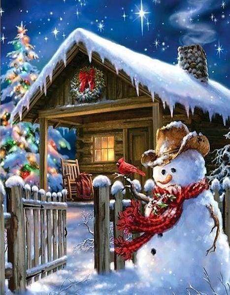 Diamond Painting - Casa Invernale E Pupazzo Di Neve Diamond Painting