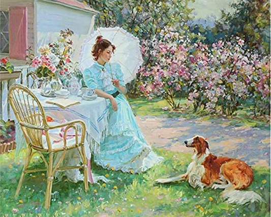 Diamond Painting - Donna e il suo cane in giardino Diamond Painting