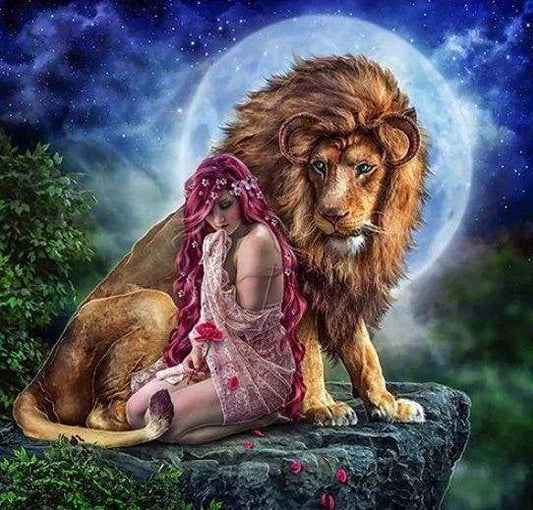 Leone e Vergine diamond painting kit completo con donna e leone