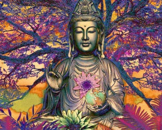 Diamond Painting - Statua di Buddha davanti a un grande albero Diamond Painting