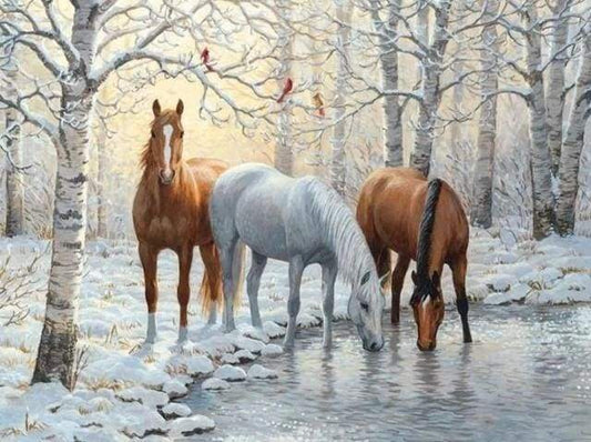 Diamond Painting - Tre Cavalli Nella Foresta Innevata Diamond Painting