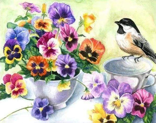 Diamond Painting - Uccellino E Coppa Di Fiori Diamond Painting