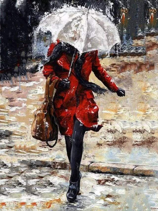 Donna Che Cammina Giù Per Le Scale Sotto La Pioggia Diamond Painting
