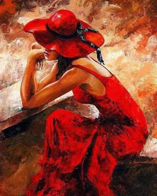 Donna Che Indossa Un Abito Rosso E Un Cappello Diamond Painting