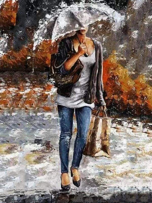 Donna Che Porta Una Borsa Sotto La Pioggia Diamond Painting