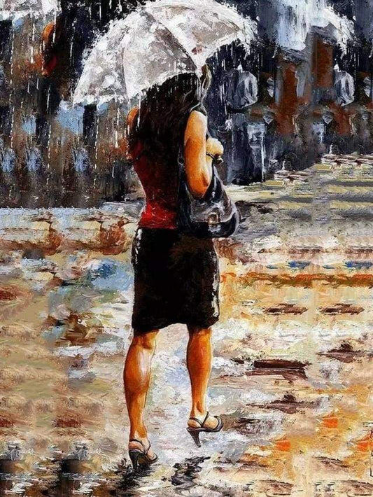 Donna Che Si Affretta Sotto La Pioggia Diamond Painting