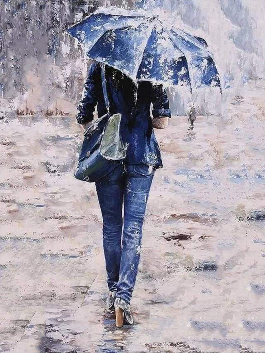 Donna Vestita Di Blu Sotto Un Ombrello Diamond Painting