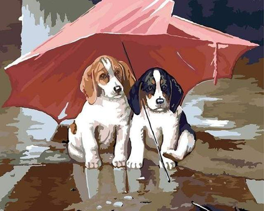 Due Cuccioli Sotto Un Ombrello Rosso Diamond Painting
