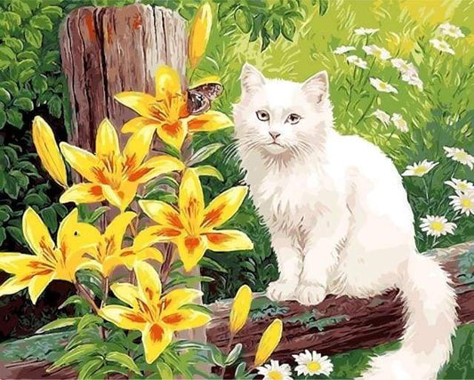 Gatto Bianco E Fiori Gialli Diamond Painting