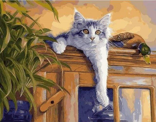 Gatto E Anatra Appollaiati Diamond Painting