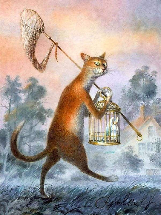 Gatto E Uccello In Una Gabbia Diamond Painting