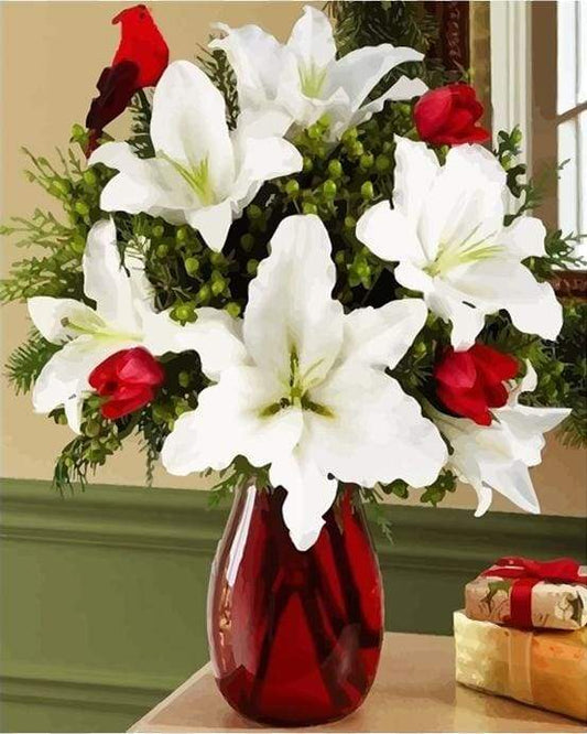 Vaso Rosso E Fiore Bianco Diamond Painting