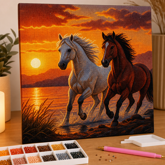 Diamond painting Cavalli al Tramonto kit completo con tela, diamantini e strumenti