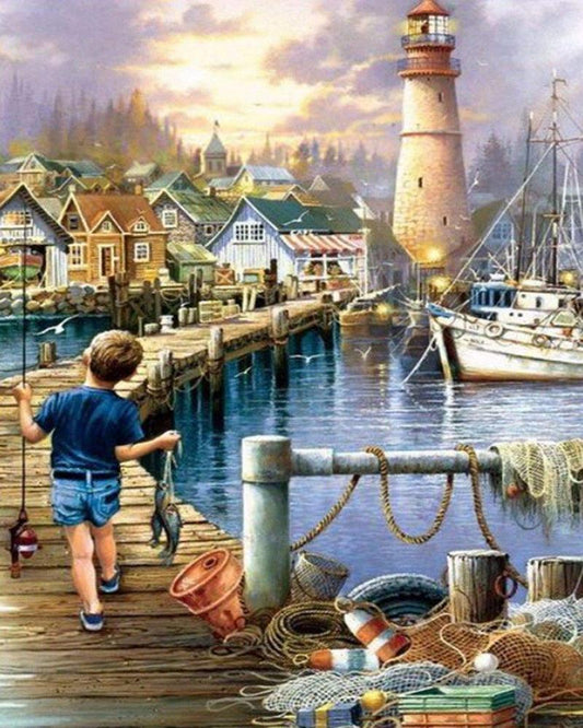 Diamond Painting Child walking on the harbor - Diamond Painting Italia