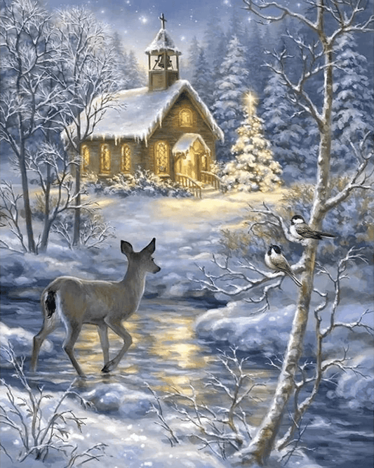 Diamond Painting Doe crossing the river in winter - Diamond Painting Italia