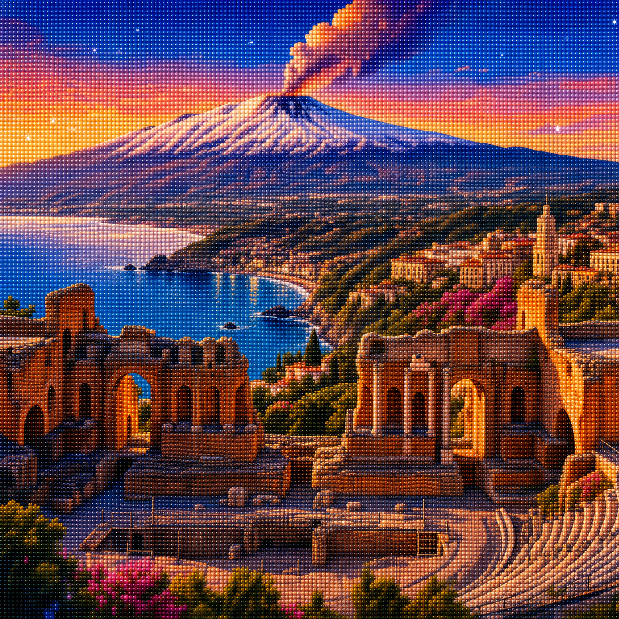 Diamond Painting Etna e Taormina | Kit Completo - immagine diamond painting della bezienswaardigheid italiana