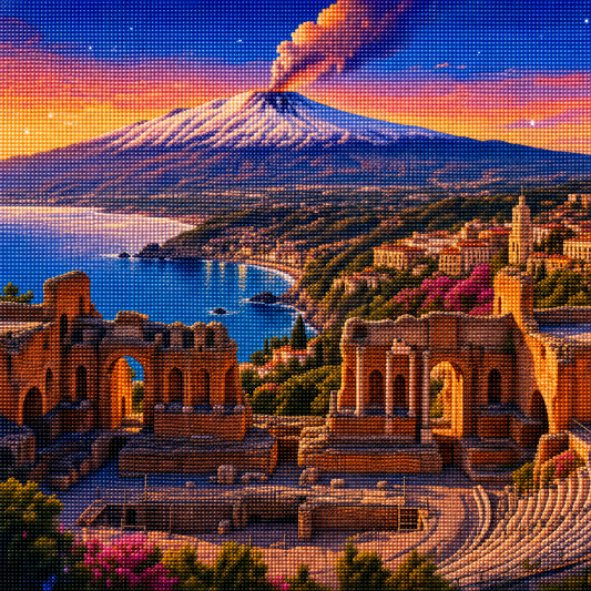 Diamond Painting Etna e Taormina | Kit Completo - immagine diamond painting della bezienswaardigheid italiana