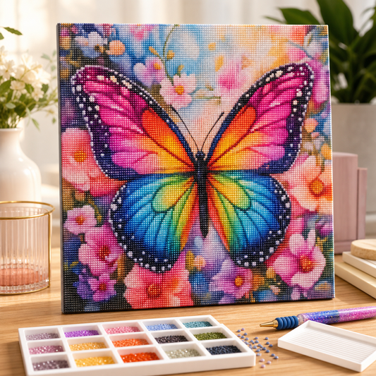 Diamond painting Farfalla Arcobaleno kit completo con tela, diamantini e strumenti