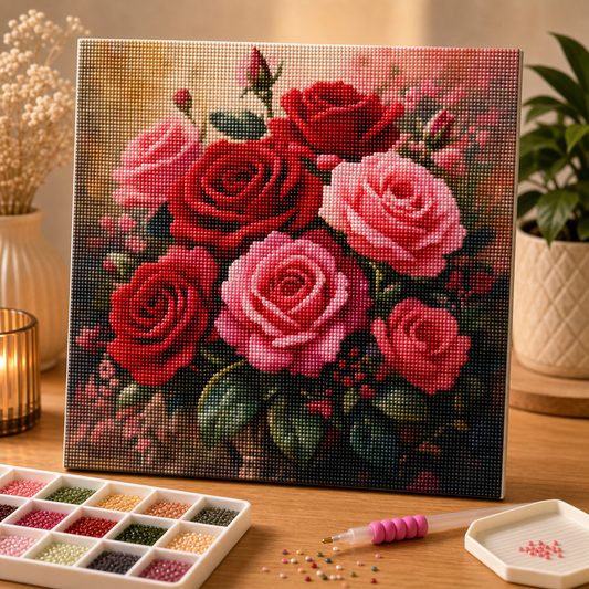 Diamond painting Mazzo di Rose kit completo con tela, diamantini e strumenti