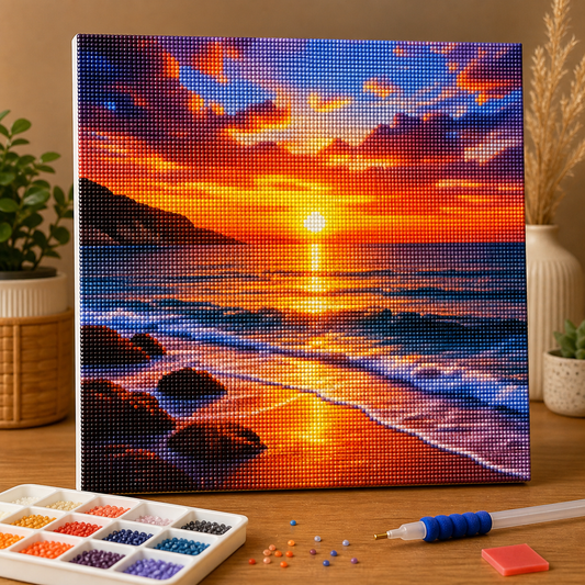 Diamond painting Tramonto sul Mare kit completo con tela, diamantini e strumenti