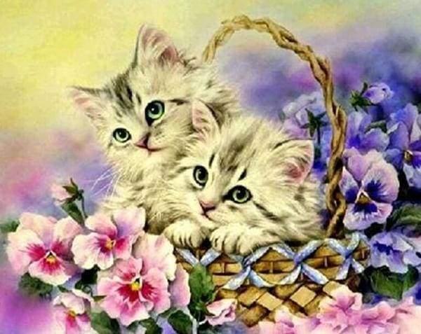 Diamond Painting - Two Cats and Flowers - Diamond Painting Italia