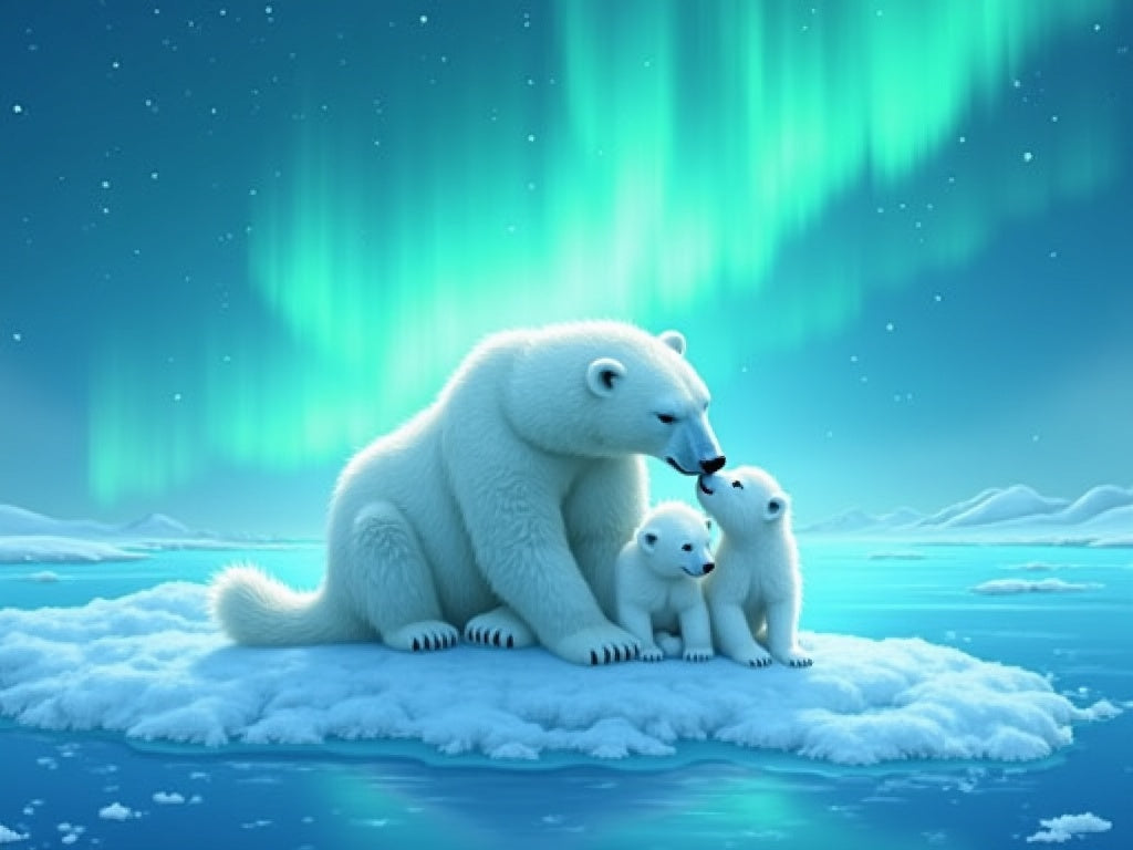 Orsa Polare con Cuccioli sotto l'Aurora Diamond Painting
