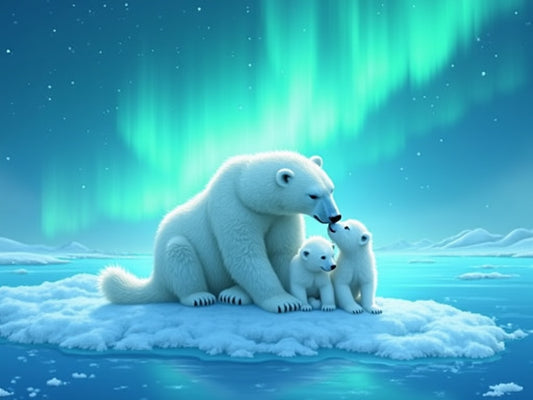 Orsa Polare con Cuccioli sotto l'Aurora Diamond Painting